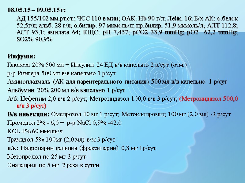 08.05.15 – 09.05.15 г:   АД 155/102 мм.рт.ст.; ЧСС 110 в мин; ОАК: